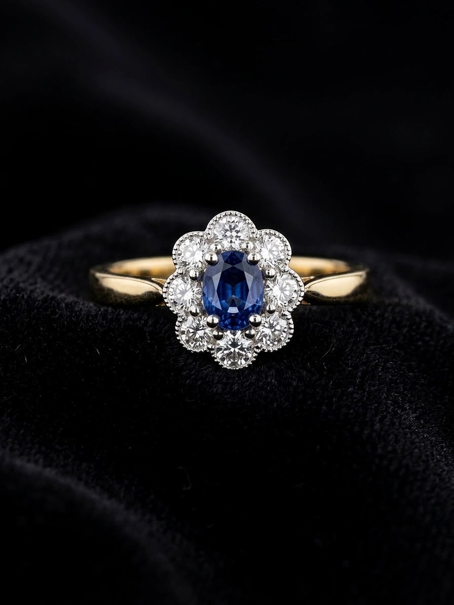Bague marguerite en or jaune, tête en or blanc au sertissage perlé, saphir bleu ovale central entouré d'un halo de diamants, sur velours noir.