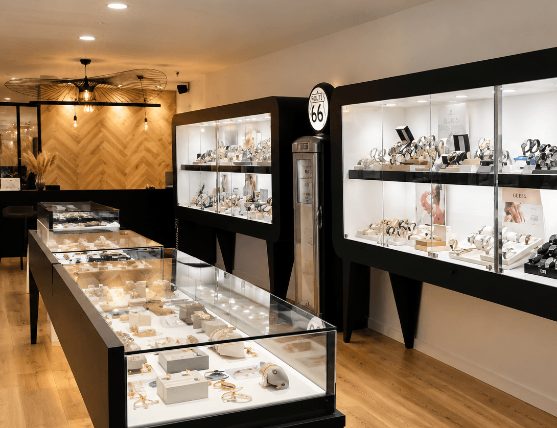 Intérieur de la boutique HINANO : vitrines noires éclairées présentant bijoux et montres, parquet clair et mur en chevrons de bois.