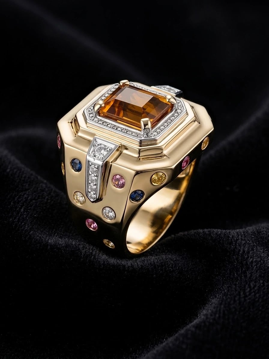 Chevalière octogonale en or jaune, pierre ambrée taille émeraude sertie de diamants sur or blanc, pierres roses, bleues, jaunes et blanches sur les flancs, sur velours noir.