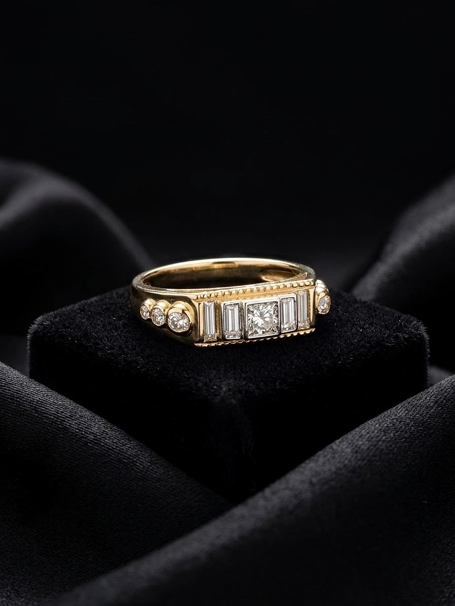 Bague en or jaune, diamant central taille princesse entouré de diamants baguettes en serti clos or blanc, diamants ronds sur les épaules, sur velours noir.