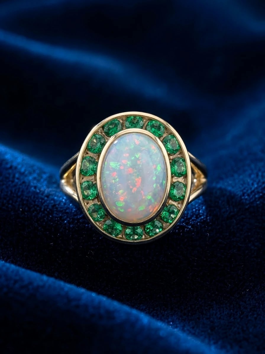 Bague en or jaune aux épaules ajourées, opale ovale entourée de pierres vertes rondes, sur velours bleu nuit.